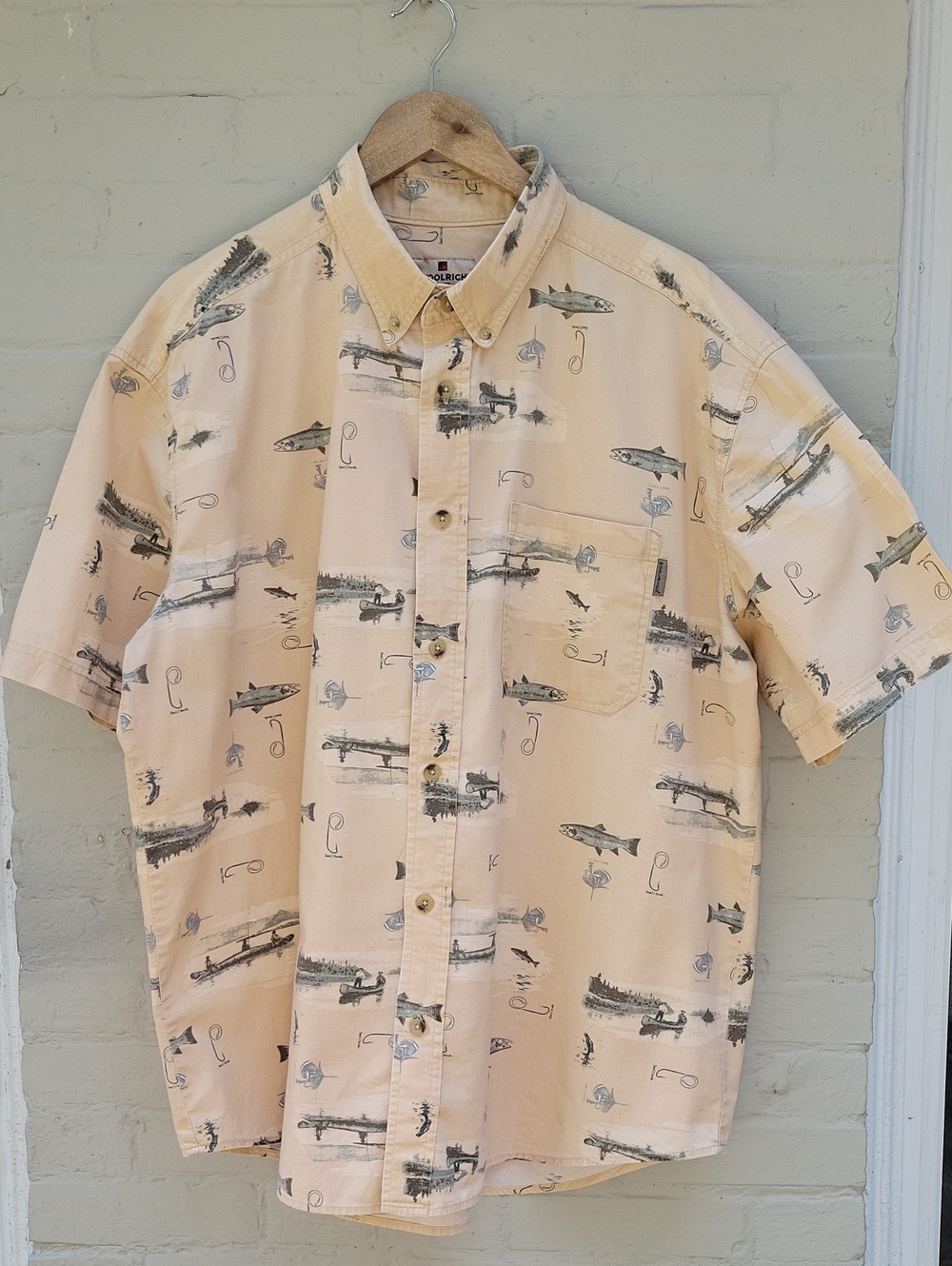 Vintage Mens Woolrich Cotton Fishing Motif Short Sleeve Shirt XL